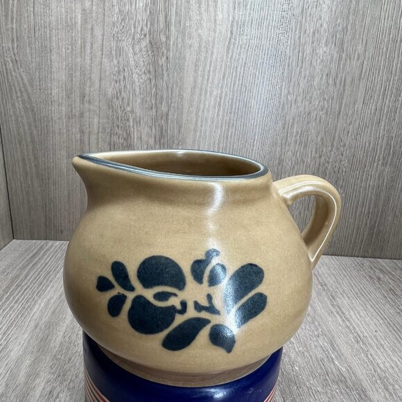 Vtg Pfaltzgraff Folk Art Sugar Bowl Creamer Set of 3 Stoneware Floral Blue Tan - Picture 8 of 16